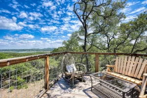 Outdoor wooden deck, with a view of Canyon Lake
